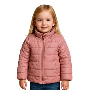 Pink Puffer Jacket Girls Kids S 5-6 Full Zip Winter Lined Quilted Outdoor Coat